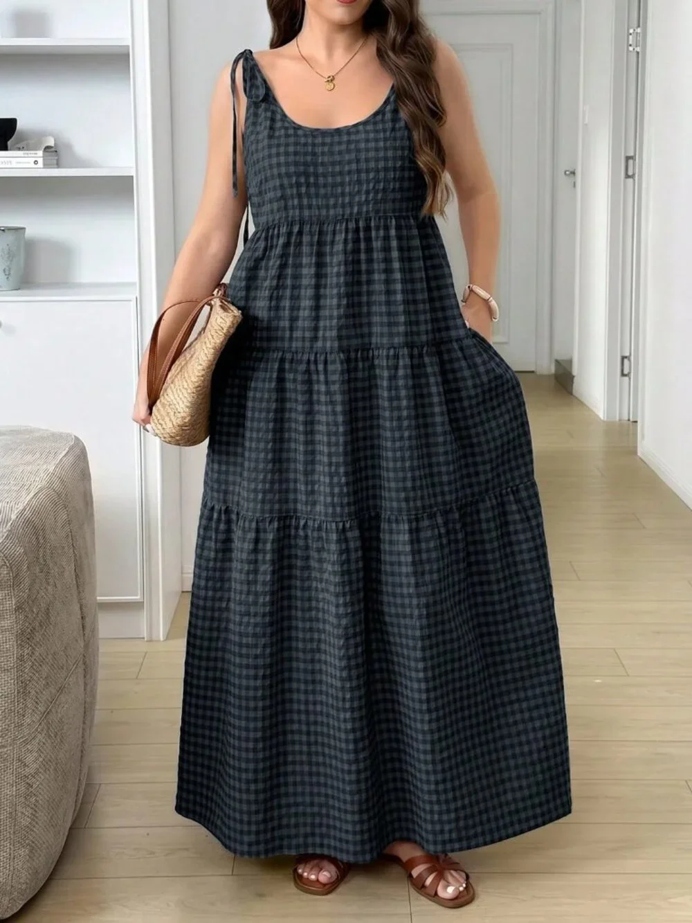 Multicolor Casual Women's Plus Size Plaid Sleeveless Dress